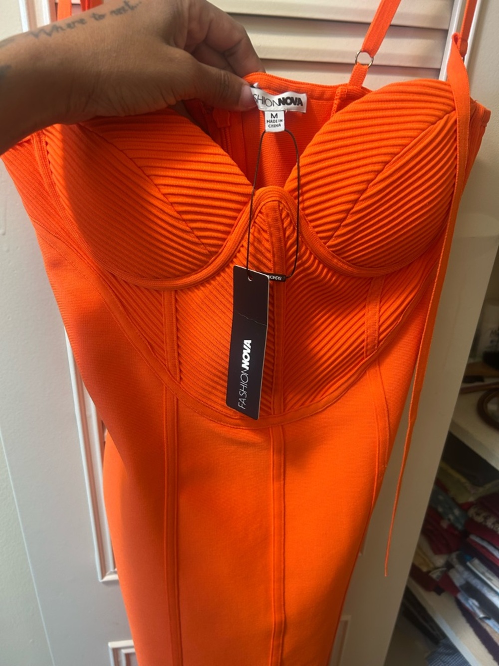 Fashion Nova Neon Orange Ribbed Bustier Bodycon Dress